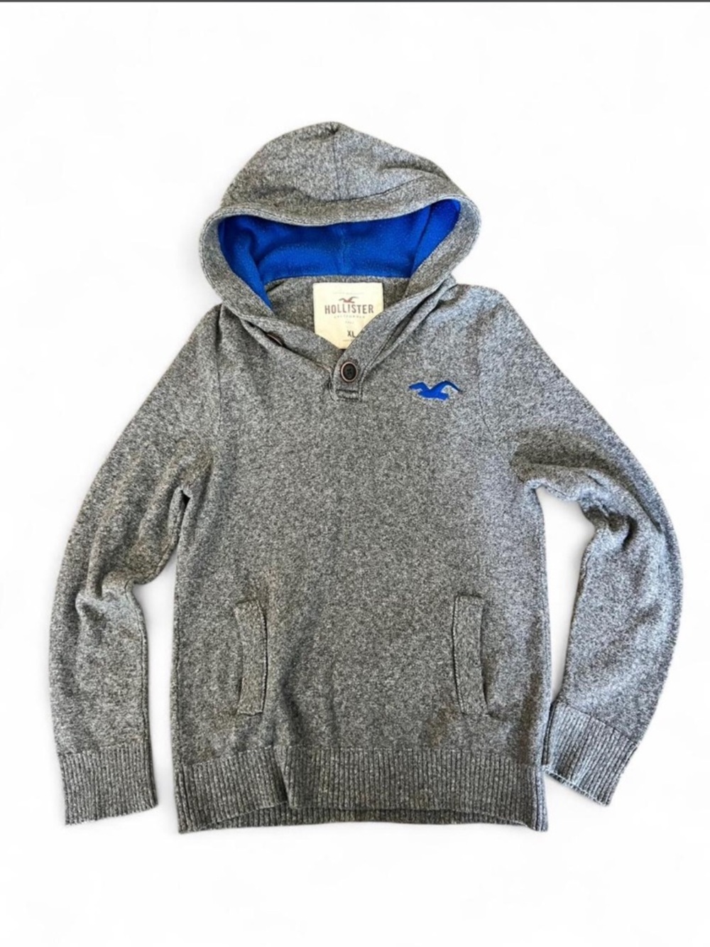 Hollister Men's Gray Knit Crewneck Hoodie with Blue Lining